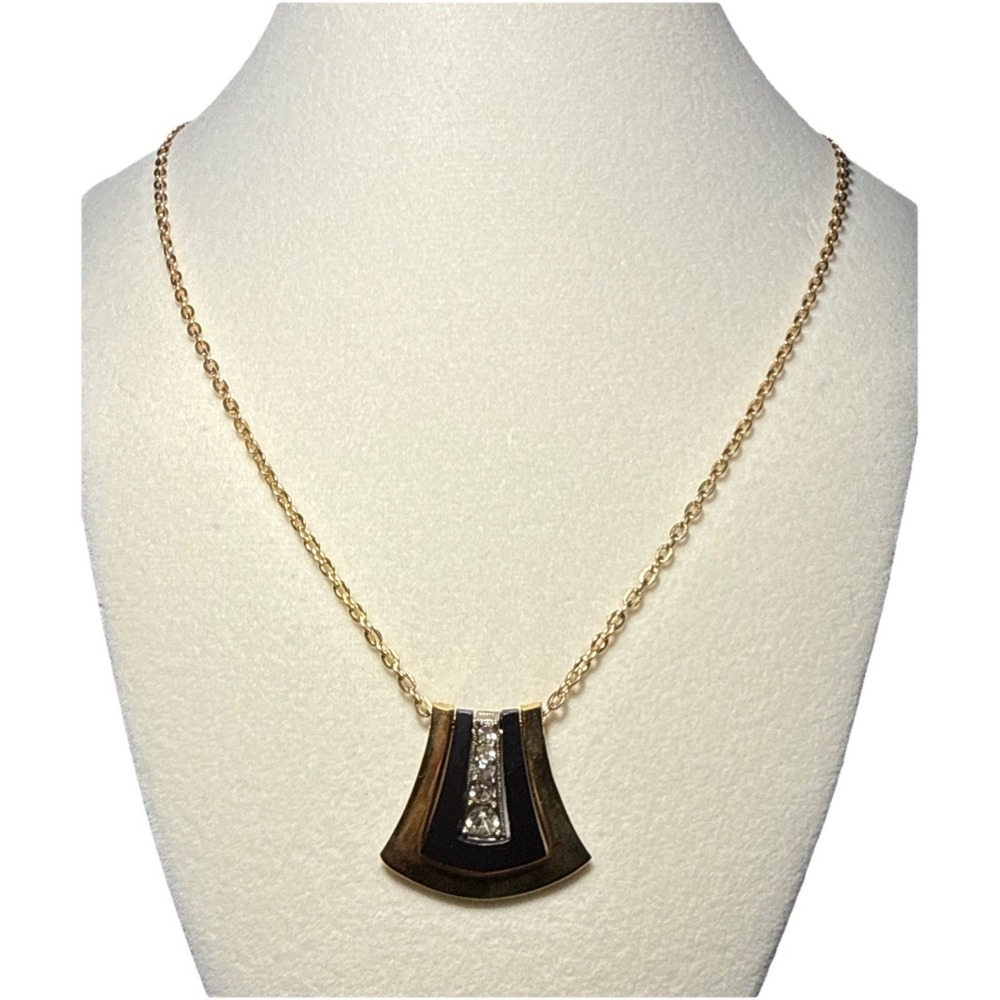 Park Lane Gold/Silver/Black Tone Pendant Necklace w/ Rhinestone Vtg J-8O
